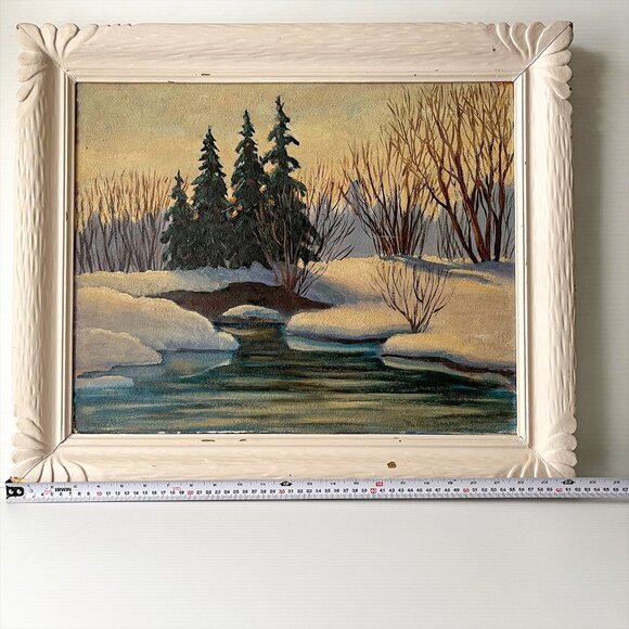 Vintage Original Winter Landscape Oil Painting Snowy Stream Trees Signed Framed - Picture 7 of 7